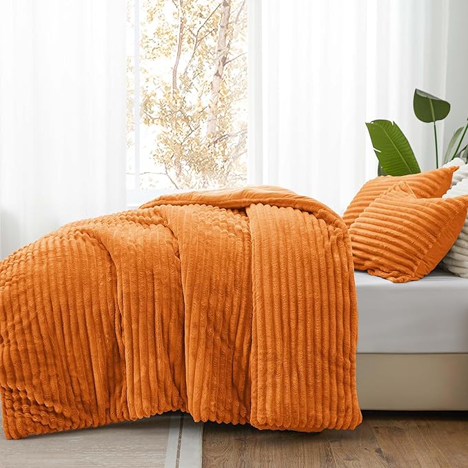 BEDELITE Fleece Twin Comforter Set -Super Soft & Warm Fluffy Burnt Orange Bedding, Luxury Fuzzy Heavy Bed Set for Winter with 1 Pillow case