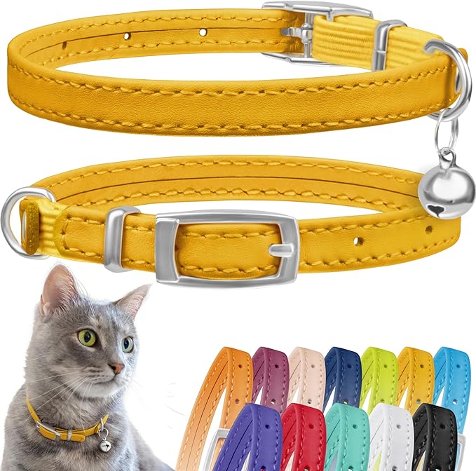 CollarDirect Leather Cat Collar with Removable Bell – Safety Kitten Collar with Elastic Strap (Yellow, 15 - 18 cm)-Mewly Pet