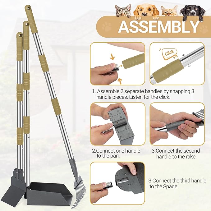 Heeyoo Dog Pooper Scooper, Dog Poop Tray and Rake Set, Pet Waste Removal Scoop with Long Adjustable Sectional Stainless Handles-Mewly Pet