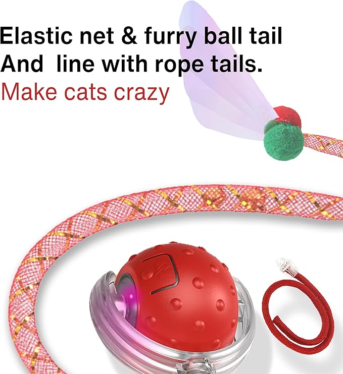 Interactive Cat Toy – Motion Activated Rolling Ball with LED Lights & 3 Play Modes & Two Different Tails - Best Toy for Indoor Cats & Kittens to Stay Active and Stimulate Hunting Instinct (Red)-Mewly Pet