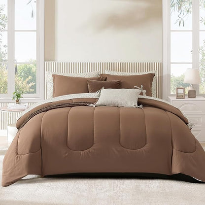 Monbix Full Comforter Set - 7 Pieces Brown Bed in a Bag Full Size Track Stitching Bedding Sets, All Seasons Down Alternative Comforter with Sheets,Pillowcases & Shams
