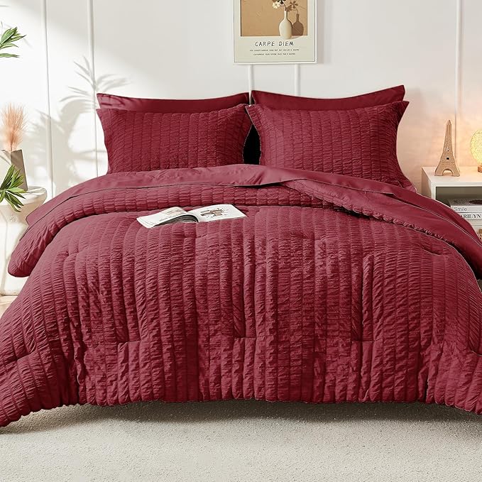 HYMOKEGE Burgundy California King Comforter Set Seersucker 7 Pieces, All Season Luxury Bed in a Bag for Bedroom, Bedding Set with Comforters, Sheets, Pillowcases & Shams