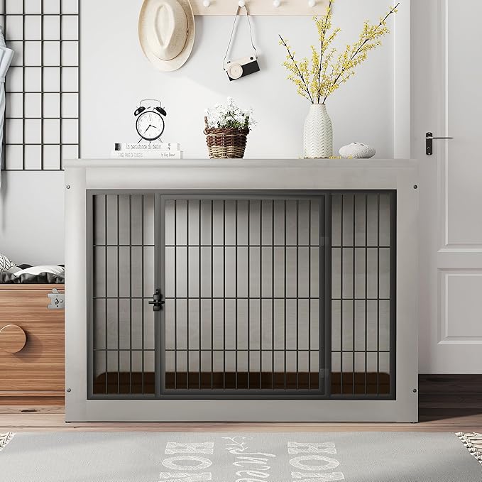 Bigrab Dog Crate Furinture with Thick Cushion, Side End Table Wooden Dog Cage with Double Doors, Chew-Resistant Dog Kennel Dog House Indoor for Small to Large Dog, L (Grey)-Mewly Pet