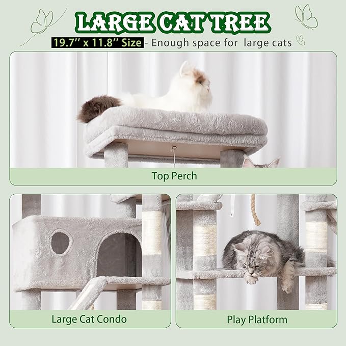 Cat Tree for Large Cats, 78.7"(200cm) Tall Cat Tower for Indoor Cats Multiple Cats with Large Top Perch, Cat Condo, Cat Hammcok, Cat Scratching Post, Light Gray GCT031W-Mewly Pet