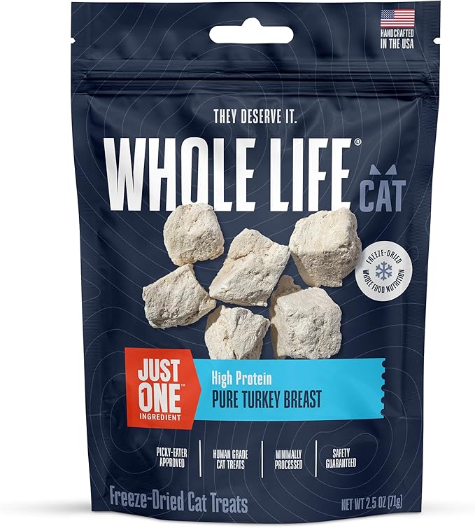 Whole Life Cat Just One Turkey Freeze Dried Cat Treats - Human Grade High Protein Food, Healthy Training Snacks, Freeze Dried Turkey Food Toppers, USA Made Natural Treats - 2.5 oz (Pack of 1)-Mewly Pet