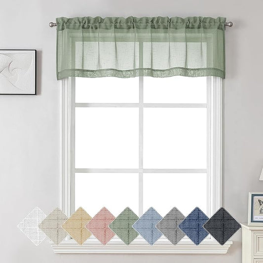 Aiyufeng Kirei Sage Green Kitchen Sheer Valance Curtains 14 Inch Length, Voile Linen Sheer Cafe Curtains for Bathroom Farmhouse Country Light Filtering Short Window Curtain 1 Panel(Green, 60 W x 14 L)