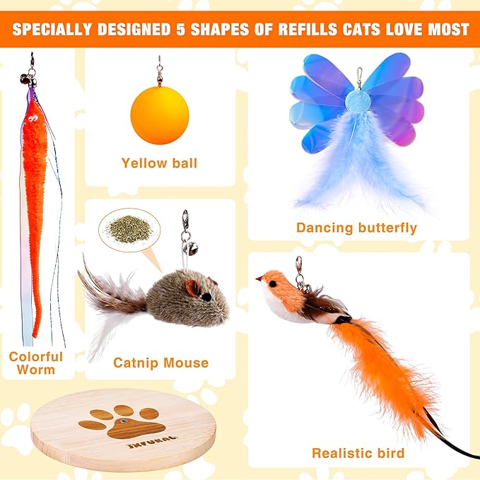 JXFUKAL Interactive cat Toy, Automatic Cat Wand Toy with Stable Wooden Base, 2 PCS Detachable Cat Teaser, 5PCS Refills Replacement & Hanging Cat Toy, Kitty Kitten Toys Cat Feather Spring String Toy-Mewly Pet