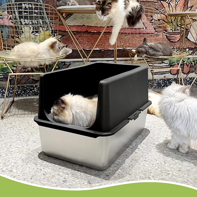 Stainless Steel Litter Box, Large Litter Box with Lid, Splash Proof, or Rusts, Black (23.5" L x 15.5" W x 14" H)-Mewly Pet