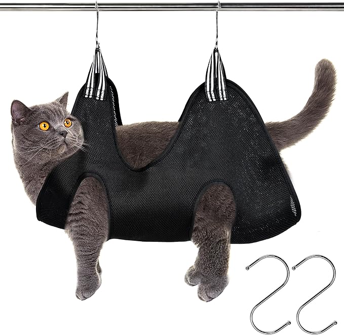 Pet Grooming Hammock for Cats & Dogs, Breathable Mesh Dog Hanging Harness for Nail Trimming, Grooming, Bathing Includes S Hooks, Comfortable Dog Grooming Harness (Black)-Mewly Pet