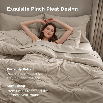 Bedsure Oversized King Comforter Set Beige - Bed in a Bag Bedding Set 7 Pieces, GentleSoft™ Pintuck Bed Set Gift for Family, Pinch Pleat Beige Comforter with Sheets, Pillowcases & Shams