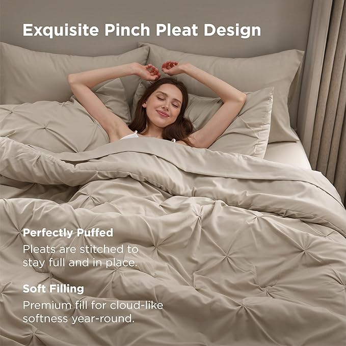 Bedsure California King Comforter Set Beige - Bed in a Bag Cal King Bedding Set 7 Pieces, GentleSoft™ Pintuck Bed Set Gift for Family, Pinch Pleat Beige Comforter with Sheets, Pillowcases & Shams