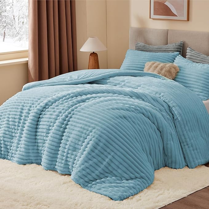 BEDELITE Fleece California King Comforter Set -Super Soft & Warm Fluffy Light Blue Bedding, Luxury Fuzzy Heavy Bed Set for Winter with 2 Pillow Cases