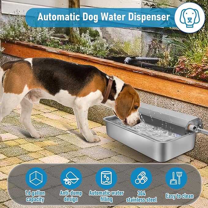 6L Automatic Dog Water Dispenser Bowl for Large Dogs, 304 Stainless Steel Wall Mounted Pet Waterer with Float Valve, Self-Filling Outdoor Water Trough for Pets/Livestock-Mewly Pet