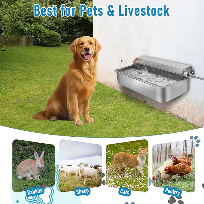 6L Automatic Dog Water Dispenser Bowl for Large Dogs, 304 Stainless Steel Wall Mounted Pet Waterer with Float Valve, Self-Filling Outdoor Water Trough for Pets/Livestock-Mewly Pet