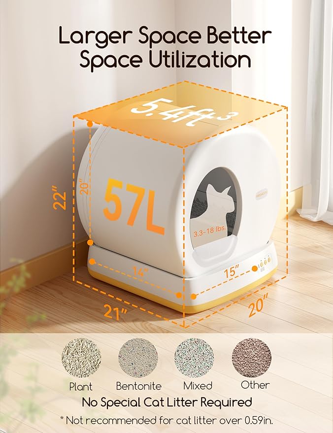 MeoWant Self-Cleaning Cat Litter Box, Advanced Safety System Automatic Cat Litter Box Perfect for Multi Cats, Extra Large/Odor Control/APP Control Smart Cat Litter Box with Mat & Liner, Yellow-Mewly Pet