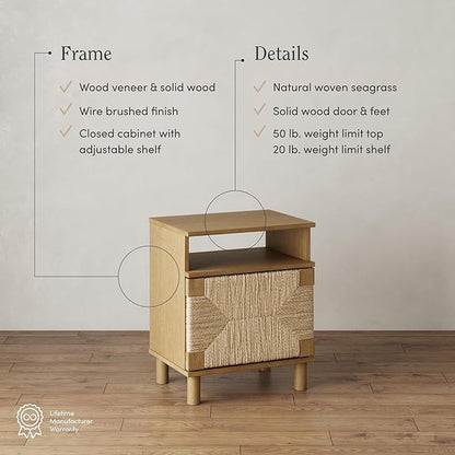 Nathan James Beacon Wood Nightstand, Bohemian Accent Table or Sofa Side Table with Seagrass Door for Bedroom or Living Room, Light Brown, Set of 2