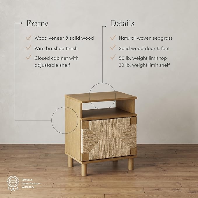 Nathan James Beacon Wood Nightstand, Bohemian Accent Table or Sofa Side Table with Seagrass Door for Bedroom or Living Room, Light Brown
