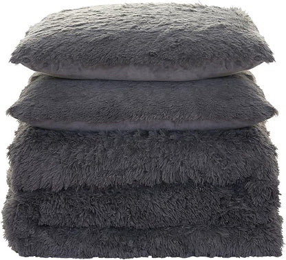 King Luxury Faux Fur Comforter Set - Soft & Breathable 7-Piece Bedding Collection - 1 Comforter, 1 Fitted Sheet, 1 Flat, 2 Pillowcases, 2 Pillow Shams - Deep Pocket - Premium Quality, Dark Gray