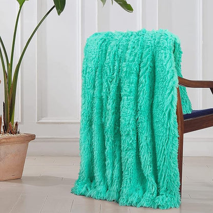 Tuddrom Decorative Extra Soft Faux Fur Throw Blanket 70"x78",Solid Reversible Fuzzy Lightweight Long Hair Shaggy Blanket,Fluffy Cozy Plush Fleece Comfy Microfiber Blanket for Couch Sofa Bed,Teal Blue