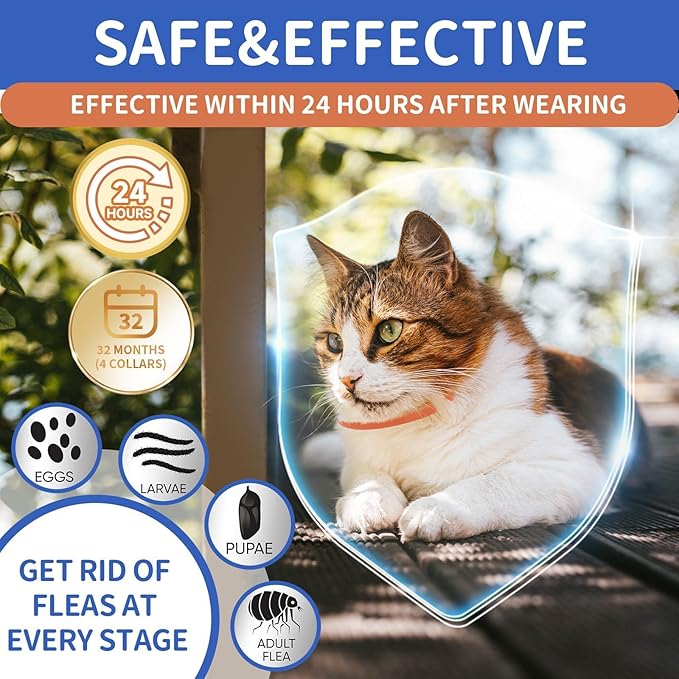 4 Pack Flea and Tick Collar for Cats, 32 Months Flea and Tick Treatment, Flea and Tick Prevention, Waterproof, Adjustable Flea and Tick Collar for Kittens, Blue & Orange-Mewly Pet
