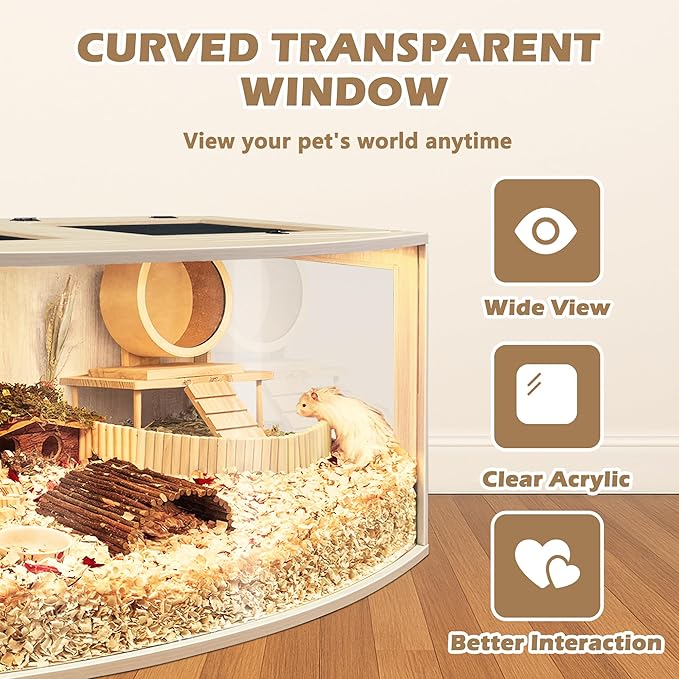 Prolee Hamster Cage Chew Proof Wood, Hamsters Enclosure Openable Top with Curved Design,Waterproof Small Animals Cage with Acrylic Sheets for Gerbils,Hamster Habitat(32 Inches)-Mewly Pet