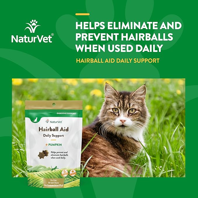 NaturVet Hairball Remedy Vitamin & Digestive Aid Supplement for Cats – Pet Health Supplement for Cat Hairballs, Digestive System Support – Includes Pumpkin, Vitamins – 50 Ct.-Mewly Pet