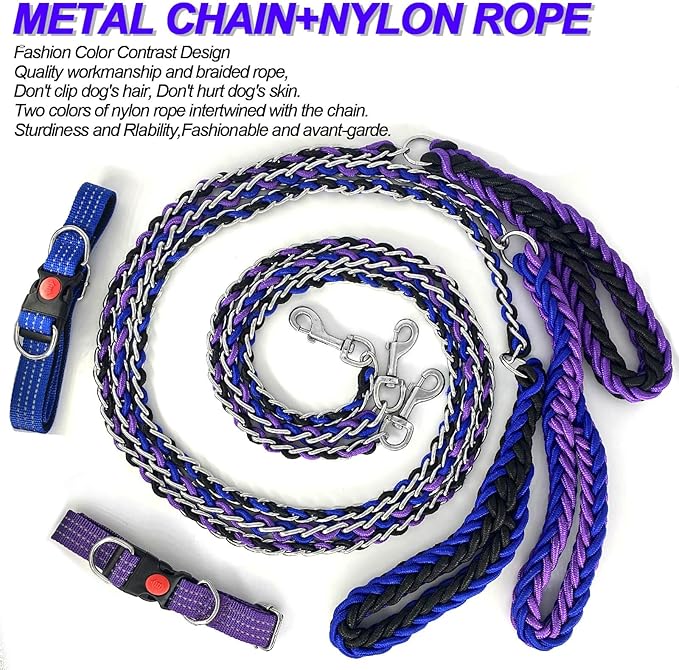 Dog Leash Rope Chain, Nylon Rope Metal Chain for Pet Leads. 6ft Heavy Duty Chew Proof Training Walking for Medium Large Dogs. (Medium, Blue&Black)
