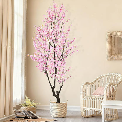 Faux Pink Cherry Blossom Tree 8ft(94in) Tall Artificial Plant Indoor Decor Handmade Natural Sakura Tree for Wedding Realistic Cherry Plant in Pot for Home Living Room,Office,Outdoor Decor.