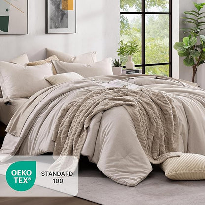 Monbix California King Comforter Set - 7 Pieces Cationic Dyeing Oatmeal Bed in a Bag Cal King Bed Sets with Comforter, Sheets, Pillowcases & Shams, Reversible Bedding Comforters Sets (108 * 92)