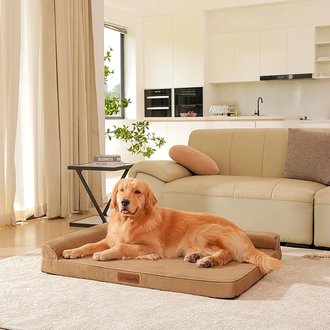 Chew Proof Dog Bed, 3" Memory Foam Dog Bed for Medium and Large Dogs, Removable and Washable Microsuede Cover, Waterproof Liner, Nonskid Bottom, 44x32 Inches XXL Khaki-Mewly Pet
