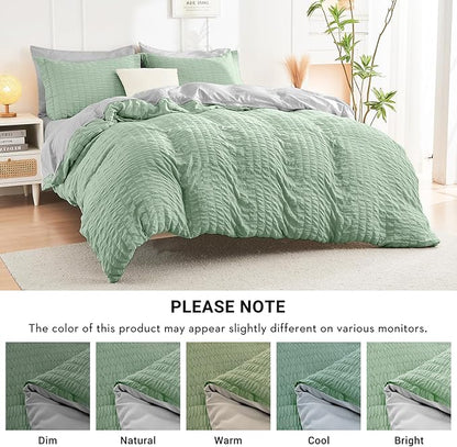 HYMOKEGE Sage Green/Light Grey Twin XL Comforter Set Seersucker 5 Pieces, All Season Luxury Bed in a Bag for Bedroom, Bedding Set with Comforter, Sheets, Pillowcase & Sham