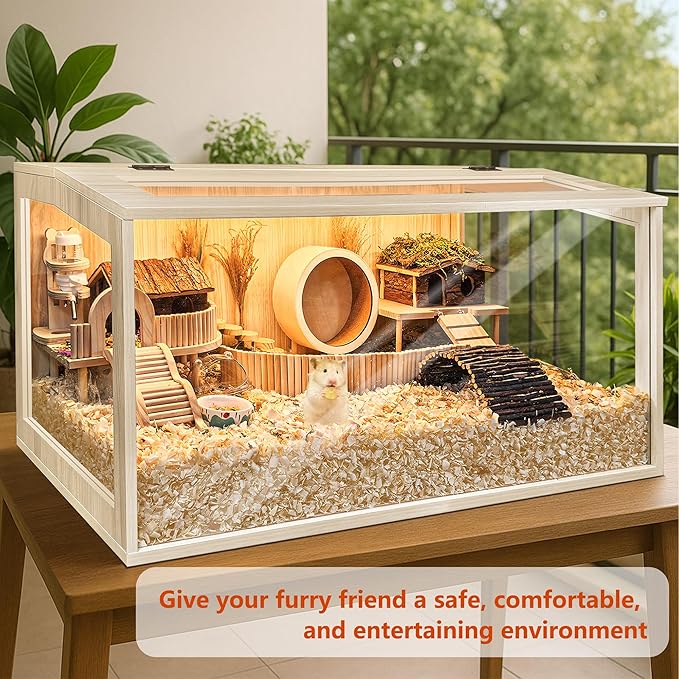 Prolee Hamster Cage Chewproof Wooden 40 Inch Guinea Pig Cages Mice and Rat Habitat Openable Top with Acrylic Sheets Solid Built-Mewly Pet