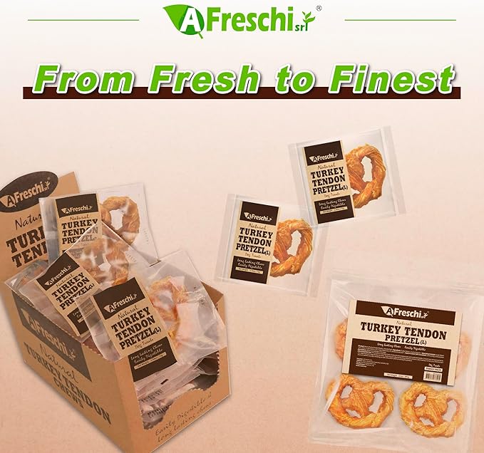 Afreschi Natural Turkey Tendon Pretzel (L) 10 oz, USA-Sourced Turkey Tendon, All Natural Puppy Chew, Hypoallergenic, Rawhide Alternative, for Large Breeds-Mewly Pet