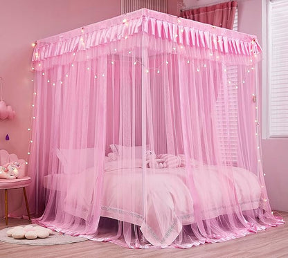 Mengersi Canopy Bed Curtains Queen Size,Bed Canopy for Girls Princess Bed Canopies Drapes Mosquito Net -Bedroom Decor,Pink