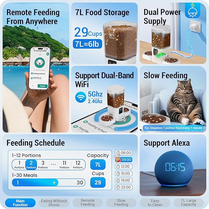 5G WiFi Automatic Cat Feeder with Slow Feed for 2 Cats: Automatic Dog Feeder with 7L Large Food Storage, Cat Food Dispenser with Alexa for Multiple Pets, Detachable for Easy Cleaning -29 Cup-Mewly Pet