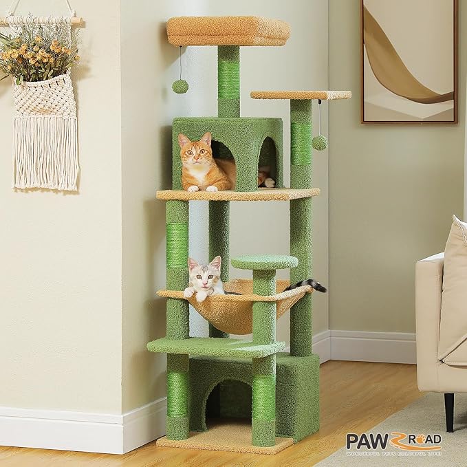 PAWZ Road Cat Tree, 53.5 Inches Tall Cat Tower with Spacious Hammocks, Condos and Scratching Posts, Cat House with Dual Padded Perches for Indoor Large Cats-Green-Mewly Pet
