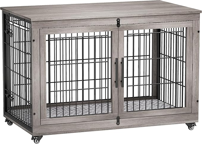 Lulive Dog Crate Furniture, XL Wooden Dog Kennel Indoor Double Doors Dog Cage, 44'' Heavy Duty Dog Crate with Cushion & Wheels, Decorative End Table Chew-Resistant for Extra Large/Medium, Grey-Mewly Pet
