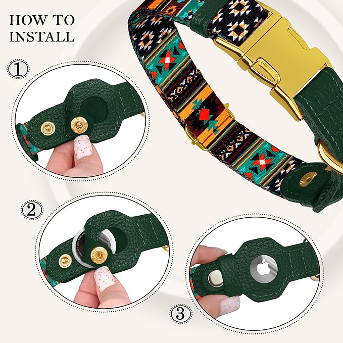AirTag Dog Collar for Small Medium Large Breed - Adjustable Cute Pattern Dog Collar with Airtag Holder - Soft Leather Tracker GPS Apple Air Tag Pet Collars (X-Large, 20"-25" Neck Fit, Tribal)-Mewly Pet