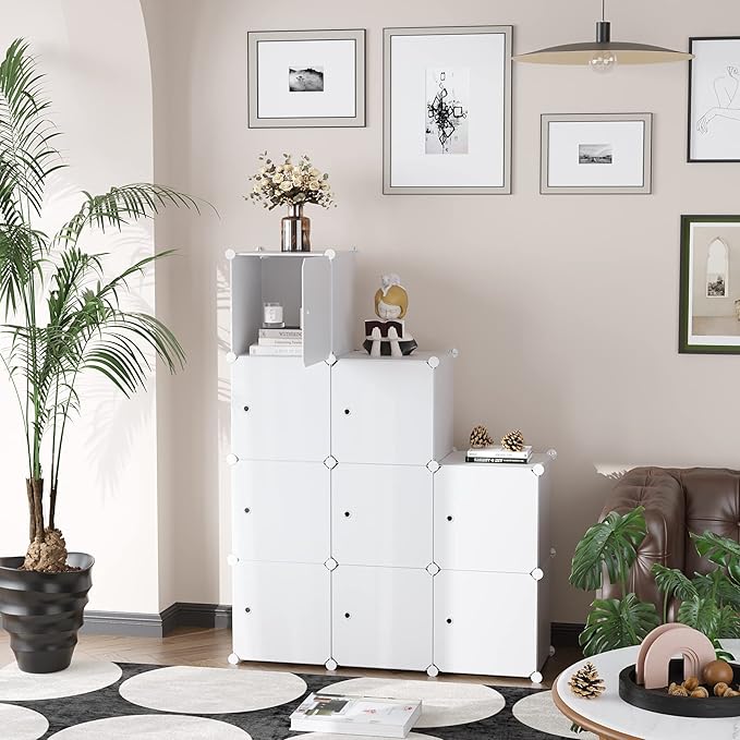 C&AHOME Cube Storage Organizer with Doors, 9-Cube Shelf, Closet Cabinet, DIY Plastic Modular Bookshelf, Storage Shelves Ideal for Bedroom,Living Room,36.6”L x 12.4”W x 36.6”H Milky USHS3009M-DOOR