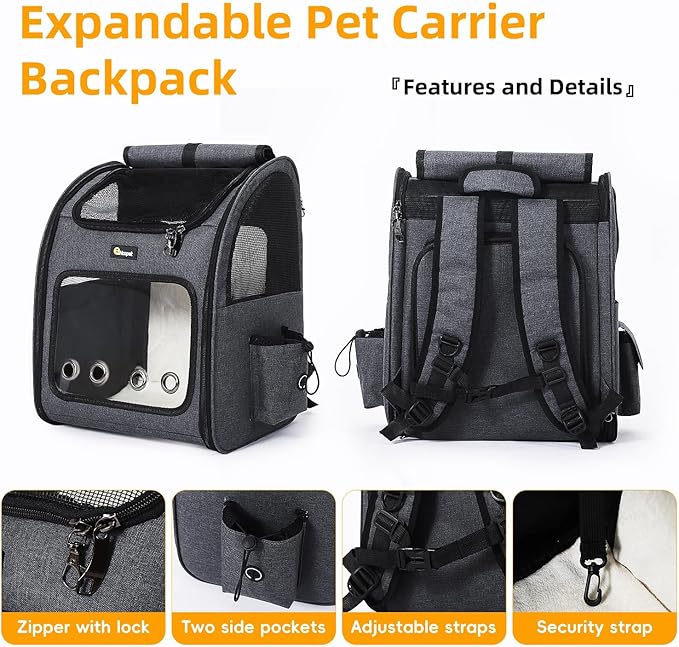 Hoopet Expandable Cat Backpack Carrier – Breathable Pet Carrier for Small Cats & Dogs, Foldable Travel Backpack with Mesh Ventilation for Hiking, Walking, Camping, Dark Grey-Mewly Pet