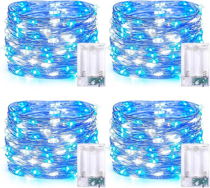JMEXSUSS 4 Pack 50 LED Fairy Lights Battery Operated Silver Wire 16.1ft Waterproof Blue & White Twinkle Lights for Gifts Party Wedding Christmas Indoor Outdoor Decorations
