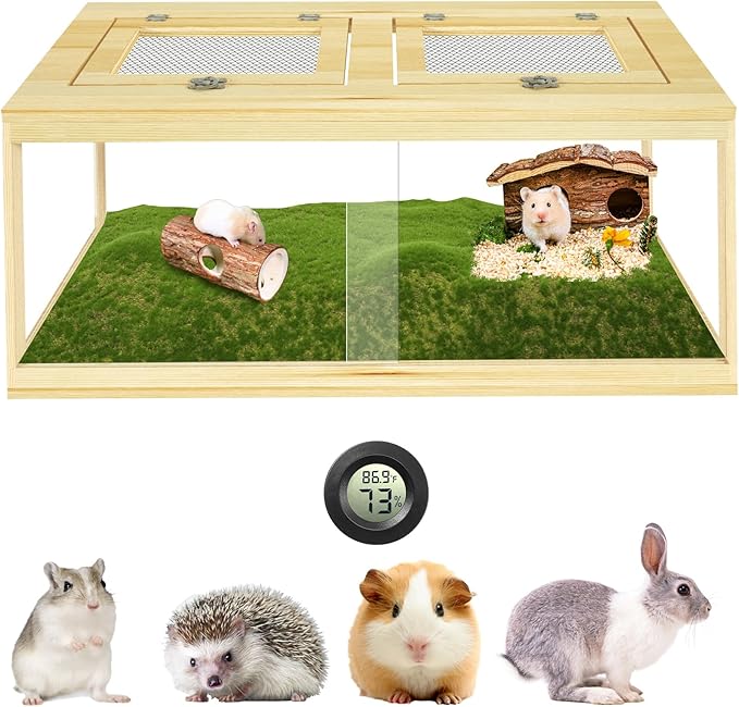 32" Hamster Habitat Enclosure, Lockable Sliding Door Gerbil Cage, Dwarf Hamster Cage with Metal Mesh Roof, Chewproof Syrian Hamster Cage for Mice, Small Animal, (Wooden, 32" L x 16" W x 16" H)-Mewly Pet