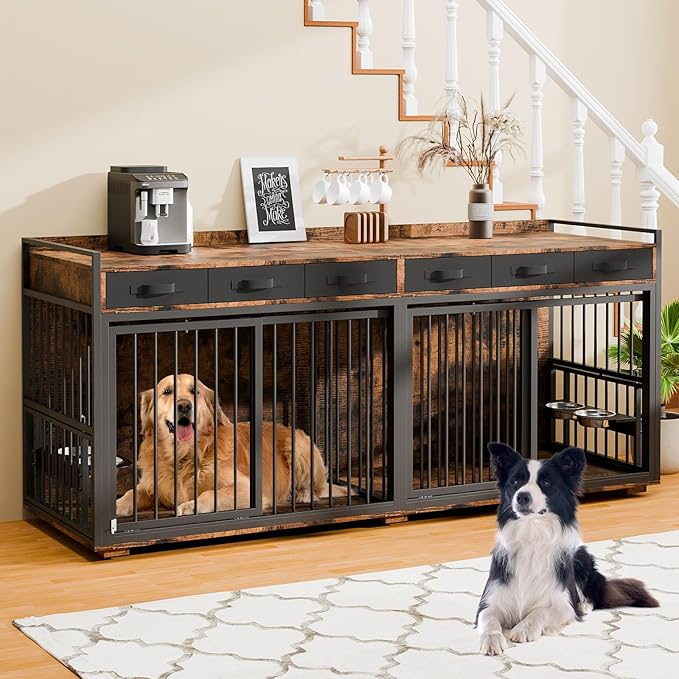 86.6Inch Large Double Dog Crate Furniture,Heavy Duty Metal Frame Dog Crate Kennel with Adjustable Feeder Bowls and Removable Divider&Drawers,Chew-Resistant Dog Kennel for 2 Dogs Indoor-Mewly Pet