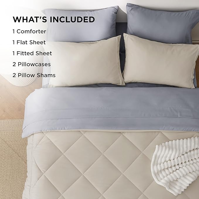 Bedsure King Size Comforter Set - 7 Pieces Reversible Beige Bedding, King Size Bed Set for All Seasons, Bed in a Bag with Down Alternative Comforter, Sheets, Pillowcases & Shams