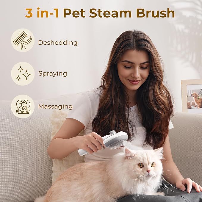 Pecute Steam Cat Brush, Self-Cleaning Cat Steam Brush with 2 Water Spray Modes, Large Capacity Tank, Dog Brush for Shedding Massaging Grooming, Cool Mist Only-Mewly Pet