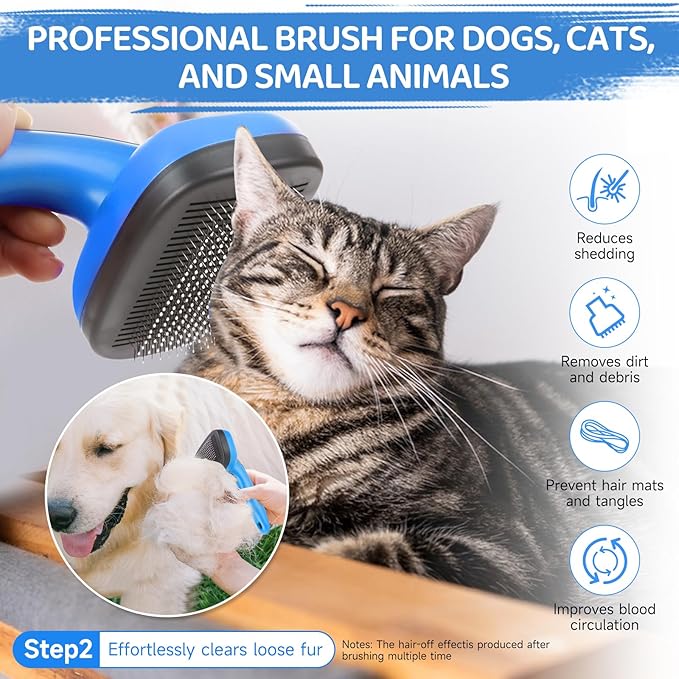 Dog Brush Kit – 3 PCS Grooming Set with Self-Cleaning Brush, Undercoat Rake & Pet Bath Brush. Great for Shedding, Tangles & Dirt Removal – Ideal for Long & Short Haired Dogs & Cats, Blue-Mewly Pet
