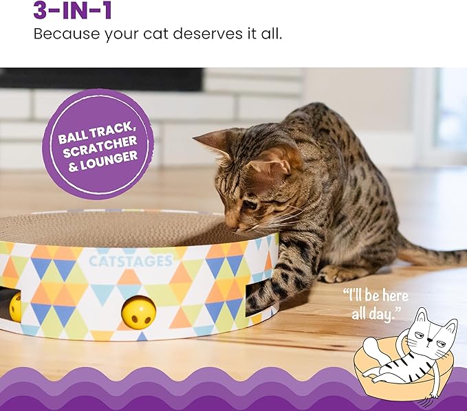 Catstages Bowl Track Scratcher Cat Ball-Track Toy, Corrugated Scratch, and Lounger All-in-One, Two Balls Included for Interactive Play, Multicolored-Mewly Pet