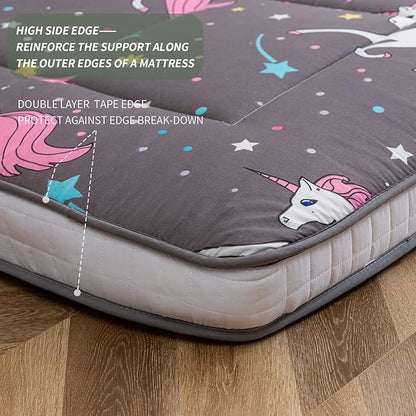 MAXYOYO Unicorn Pattern Futon Mattress, Padded Japanese Floor Mattress Quilted Bed Mattress Topper, Extra Thick Folding Sleeping Pad Breathable Floor Lounger Guest Bed for Camping Couch, Grey, Queen