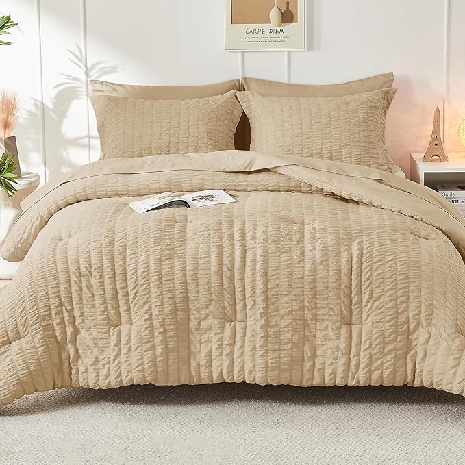 HYMOKEGE Khaki Twin XL Comforter Set Seersucker 5 Pieces, All Season Luxury Bed in a Bag for Bedroom, Bedding Set with Comforter, Sheets, Pillowcase & Sham