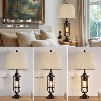 28.8" Farmhouse Table Lamps for Living Room Set of 2, 3-Way Dimmable Touch Lamps with USB Ports, Rustic Nightstand Lamps for Bedroom End Tables, Bulbs Included
